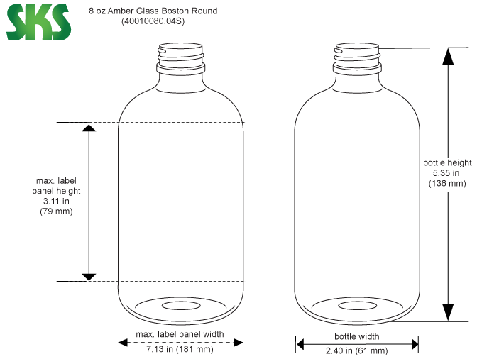 Line Drawing for 8 oz        Amber Glass Round Bottles (Bulk), Caps NOT Included