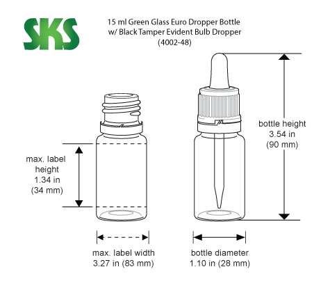 Download Sks Bottle Packaging 15 Ml Glass Bottles Green Glass Euro Dropper Bottles W Black Tamper Evident Bulb Droppers