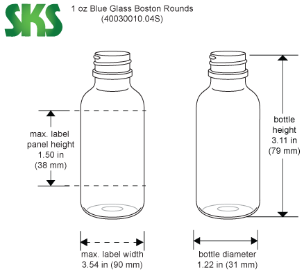 Line Drawing for 1 oz        Blue Glass Boston Round Bottles (Bulk), Caps NOT Included