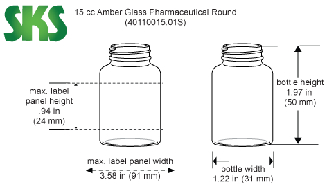 Line Drawing for 15 cc        Amber Glass Pharmaceutical Round Bottles (Bulk), Caps NOT Included