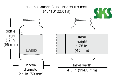 Line Drawing for 120 cc        Amber Glass Pharmaceutical Round Bottles (Bulk), Caps NOT Included