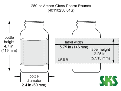 Line Drawing for 250 cc        Amber Glass Pharmaceutical Round Bottles (Bulk), Caps NOT Included