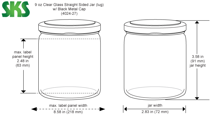 9oz Clear Glass Jars (Black Lug Cap) - 12/Case, Clear Type III 70 mm