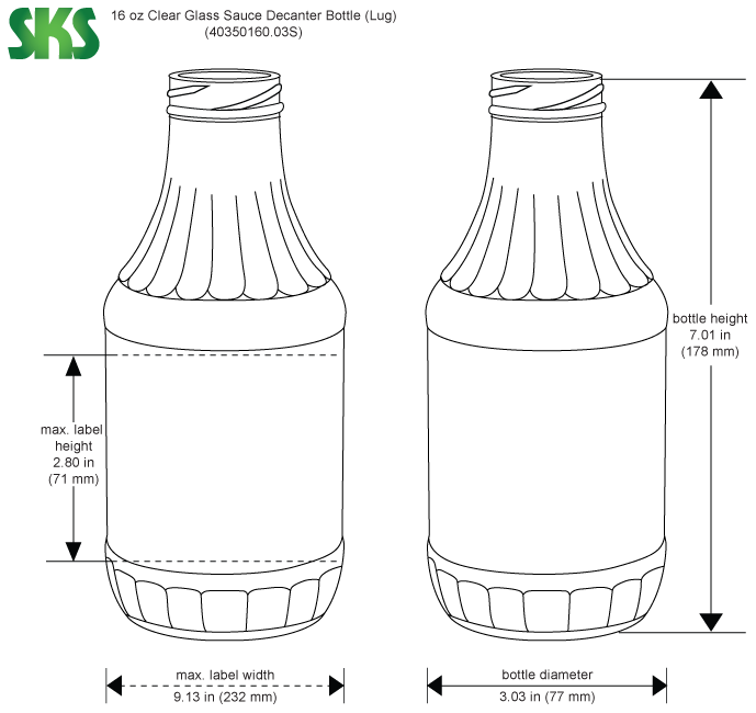 16 oz Clear Glass BBQ Decanter Bottles w/ 38mm Black Lug Cap (12/Case)