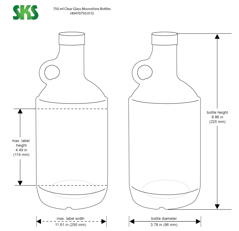 Line Drawing for 750 ml Glass Bottles, Clear Glass Moonshine Bottles (Bulk), Caps NOT Included