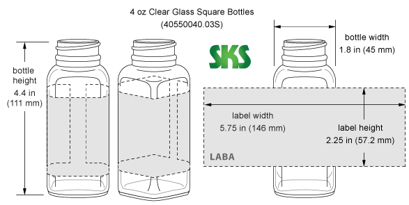 Line Drawing for 4 oz Clear Glass French Square Bottles (Bulk), Caps NOT Included