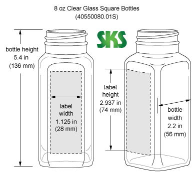 Line Drawing for 8 oz Clear Glass French Square Bottles (Bulk), Caps NOT Included