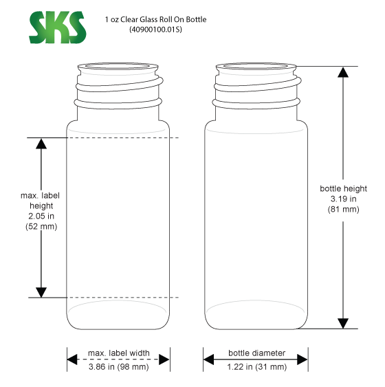 Line Drawing for 1 oz Clear Glass Roll On Containers (Bulk) Caps NOT Included