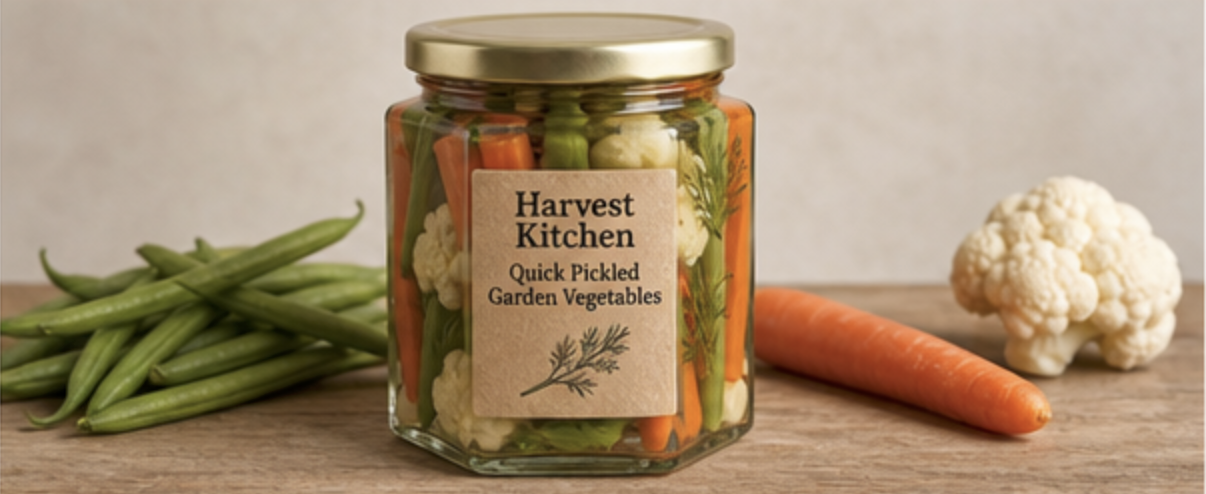 Quick Pickled Garden Vegetables in Glass Hexagon Jars