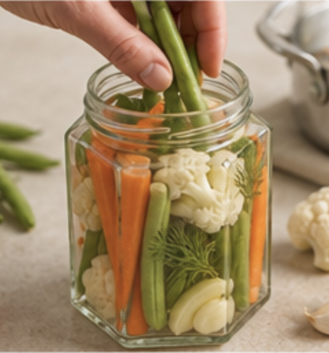 Quick Pickled Garden Vegetables in Glass Hexagon Jars