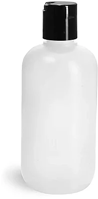 HDPE Plastic Bottles, Natural Boston Round Bottles w/ Black Disc Top Caps