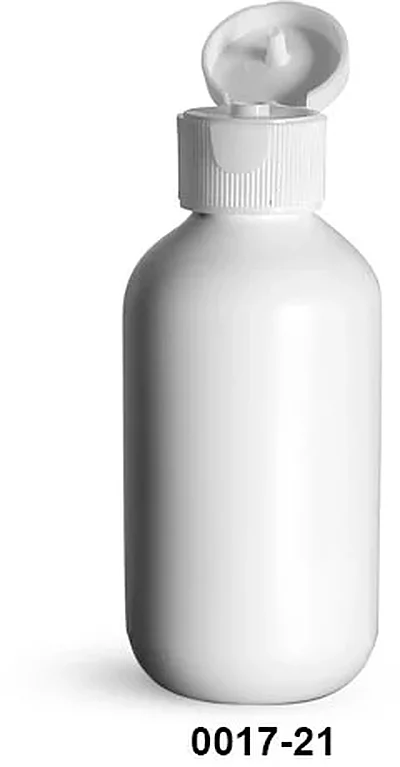 HDPE Plastic Bottles, White Boston Round Bottles w/ White Ribbed Snap Top Caps
