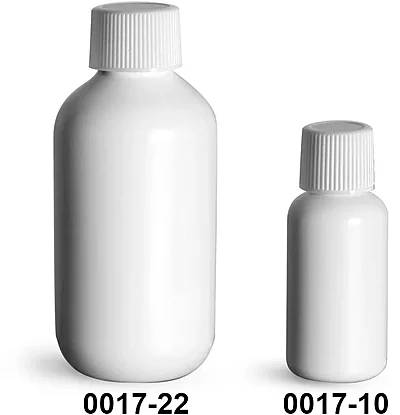 HDPE Plastic Bottles, White Boston Round Bottles w/ White Ribbed Lined Caps