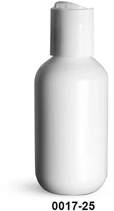 White HDPE Boston Round Bottles w/ White Disc Top Caps