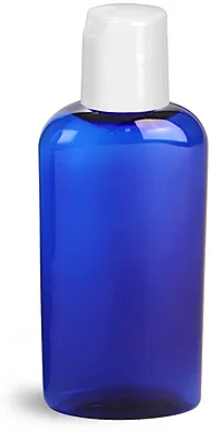 Plastic Bottles, Blue PET Cosmo Oval Bottles w/ White  Disc Top Caps