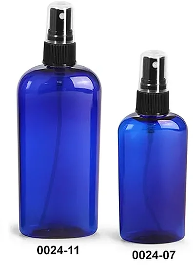 Plastic Bottles, Blue PET Cosmo Oval Bottles w/ Black Ribbed Fine Mist Sprayers