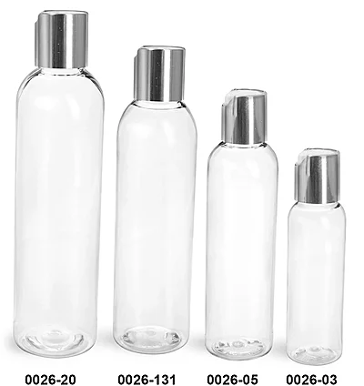 PET Plastic Bottles, Clear Cosmo Round Bottles w/ Smooth Silver Disc Top Caps