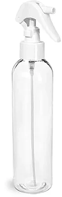 PET Plastic Bottles, Clear Cosmo Round Bottles w/ White Mini Trigger Sprayers