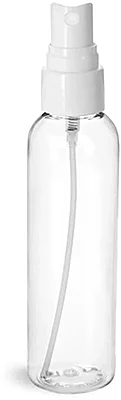 PET Plastic Bottles, Clear Cosmo Round Bottles w/ Smooth White Fine Mist Sprayers