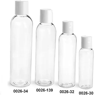 PET Plastic Bottles, Clear Cosmo Round Bottles w/ Smooth White Disc Top Caps