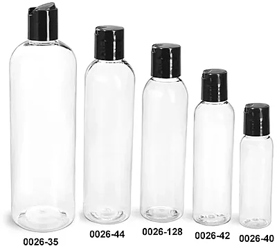 PET Plastic Bottles, Clear Cosmo Round Bottles w/ Smooth Black Disc Top Caps