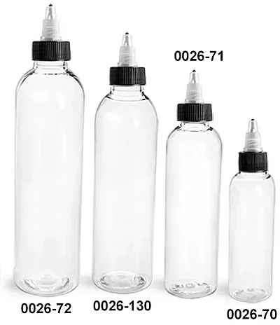 PET Plastic Bottles, Clear Cosmo Round Bottles w/ Black / Natural Twist Top Caps