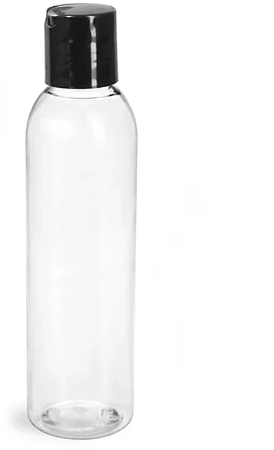 PET Plastic Bottles, Clear Cosmo Round Bottles w/ Black Induction Lined Disc Top Caps