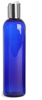 Blue PET Cosmo Round Bottles w/ Silver Disc Top Caps