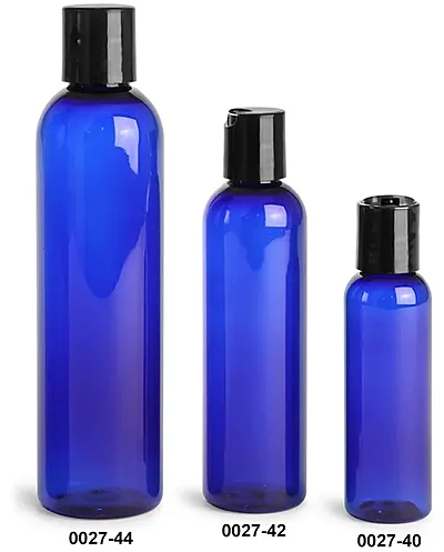 Blue PET Cosmo Round Bottles w/ Smooth Black Disc Top Caps