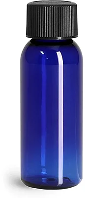 Plastic Bottles, Blue PET Cosmo Round Bottles w/ Black Ribbed PE Lined Caps  