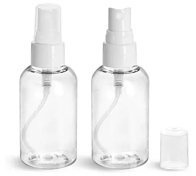 PET Plastic Bottles, Clear Boston Round Bottles w/ Smooth White Fine Mist Sprayers