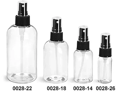 PET Plastic Bottles, Clear Boston Round Bottles w/ Black Fine Mist Sprayers