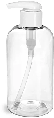 PET Plastic Bottles, Clear Boston Round Bottles w/ 2 cc White Lotion Pumps