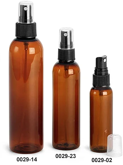 Plastic Bottles, Amber PET Cosmo Round Bottles w/ Black Ribbed Fine Mist Sprayers