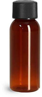 PET Plastic Bottles, Amber Cosmo Round Bottles w/ Black Ribbed PE Lined Caps