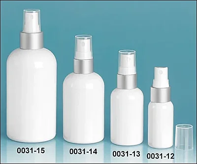 PET Plastic Bottles, White Boston Round Bottles w/ White Brushed Aluminum Sprayers
