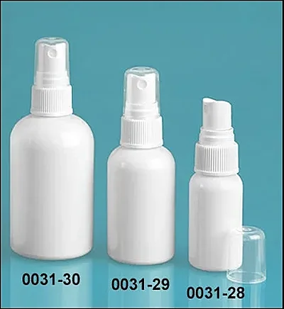 PET Plastic Bottles, White Boston Round Bottles w/ White Fine Mist Sprayers