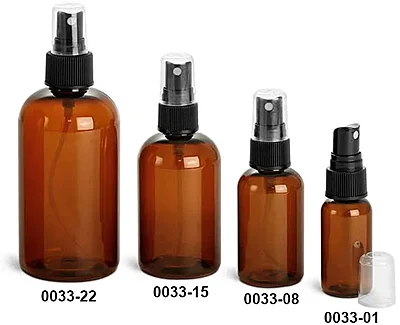Plastic Bottles, Amber PET Boston Round Bottles w/ Black Ribbed Fine Mist Sprayers