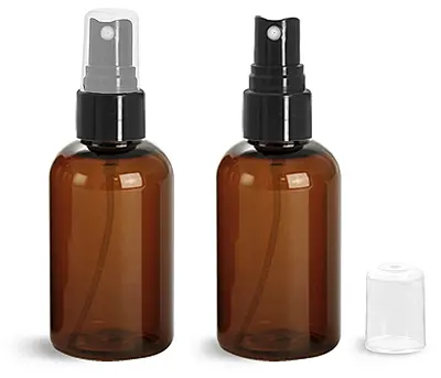 Plastic Bottles, Amber PET Boston Round Bottles w/ Smooth Black Fine Mist Sprayers