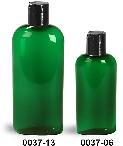 PET Plastic Bottles, Green Cosmo Oval Bottles w/ Black Disc Top Caps
