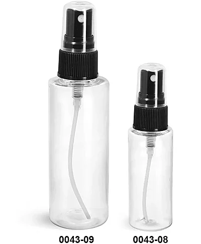 PET Plastic Bottles, Clear Cylinder Bottles w/ Black Fine Mist Sprayers
