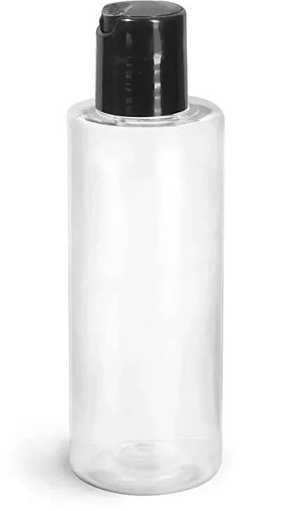 PET Plastic Bottles, Clear Cylinder Bottles w/ Black Disc Top Caps