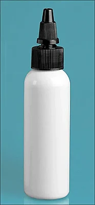PET Plastic Bottles, White Cosmo Round Bottles w/ Black Twist Top Caps