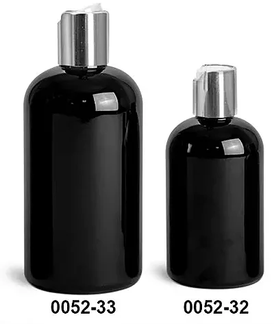 PET Plastic Bottles, Black Boston Round Bottles w/ Silver Disc Top Caps