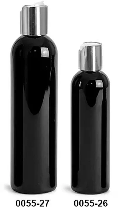 PET Plastic Bottles, Black Cosmo Round Bottles w/ Silver Disc Top Caps