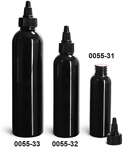 PET Plastic Bottles, Black Cosmo Round Bottles w/ Black Induction Lined Twist Top Caps