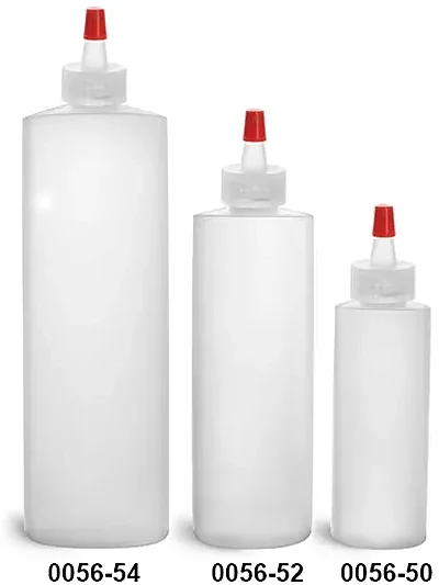 HDPE Plastic Bottles, Natural Cylinder Bottles w/ Long Tip Spout Caps w/ .030 hole