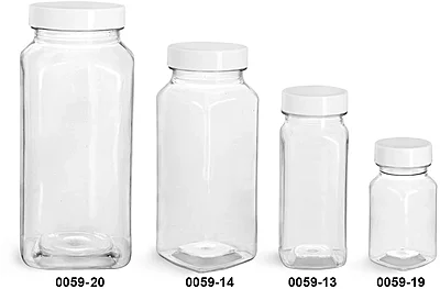 PET Plastic Bottles, Clear Square Bottles w/ Smooth White PE Lined Caps