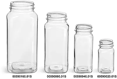 Clear PET Square Bottles w/ Polypro Spice Caps SKS Bottle
