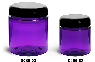 PET Plastic Jars, Purple Straight Sided Jars w/ Black Smooth Lined Dome Caps 